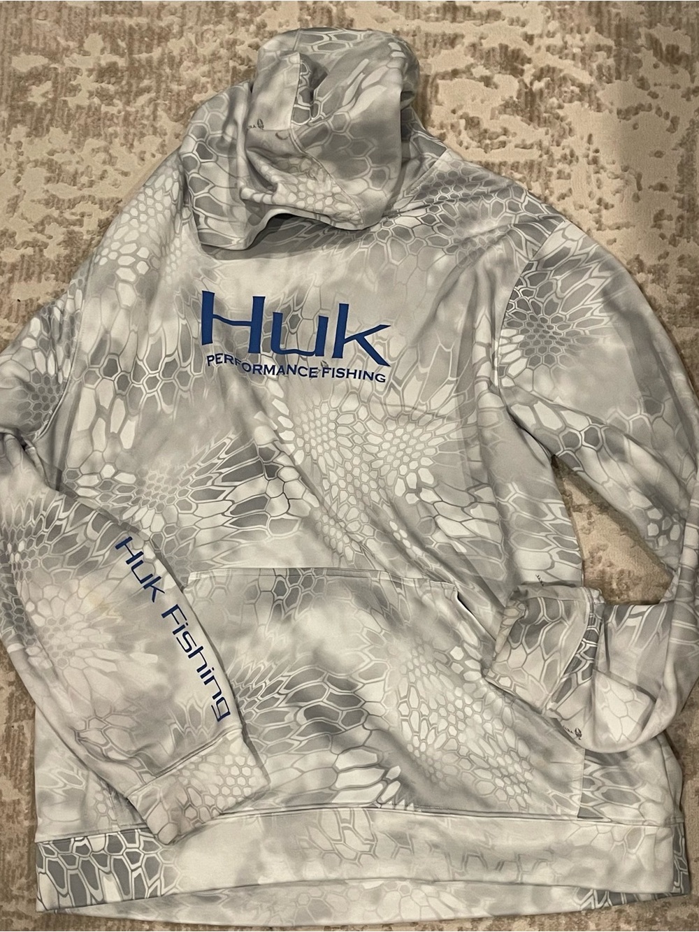 Huk Gray Camo Hoodie with Blue Logo, XL